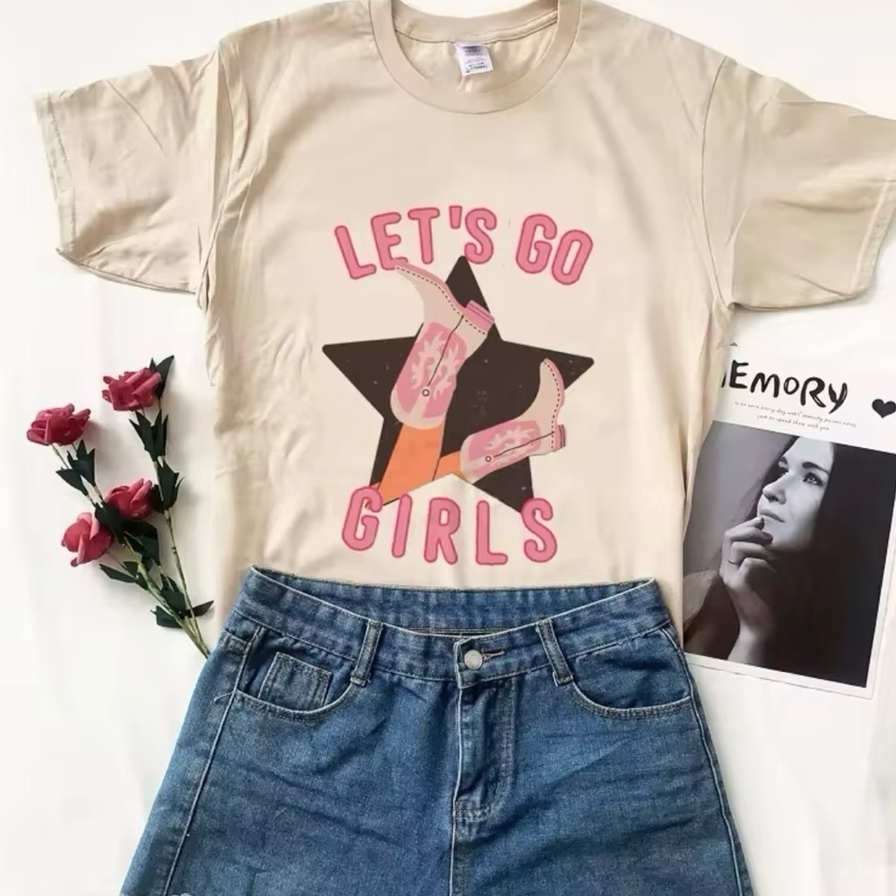 LAST 1!  XL “Let’s Go Girls” Beige/Pink Cotton, Country Vibes Cute Tees! - Picture 3 of 5